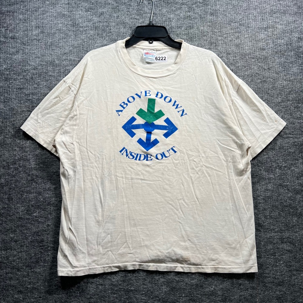 Vintage Hanes Beefy-T Above Down Inside Out Graphic Shirt XL USA Made 90s Cream